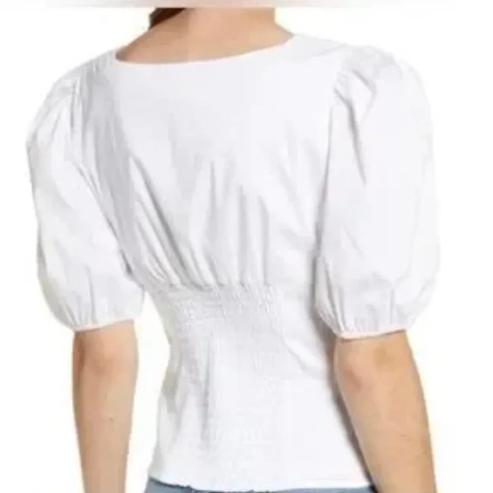 Rachel Parcell Puff Sleeve Smocked White Blouse XS | Feminine Minimalist - Picture 2 of 7